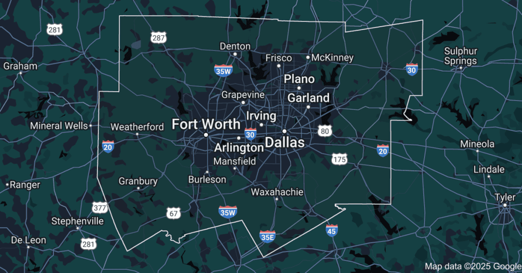 DFW Metroplex service area map showing Dallas, Fort Worth, Arlington, Plano, Irving, Garland, McKinney, Denton, Frisco, and surrounding cities